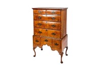 GEORGE II ENGLISH BURLED WALNUT CHEST ON STAND