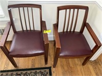 PAIR OF WOODEN ARM CHAIRS WITH VINYL SEATS. NEED R