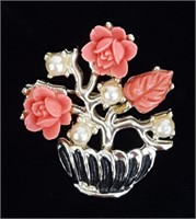 Vintage Flower Brooch, Enamel & Faux Pearls