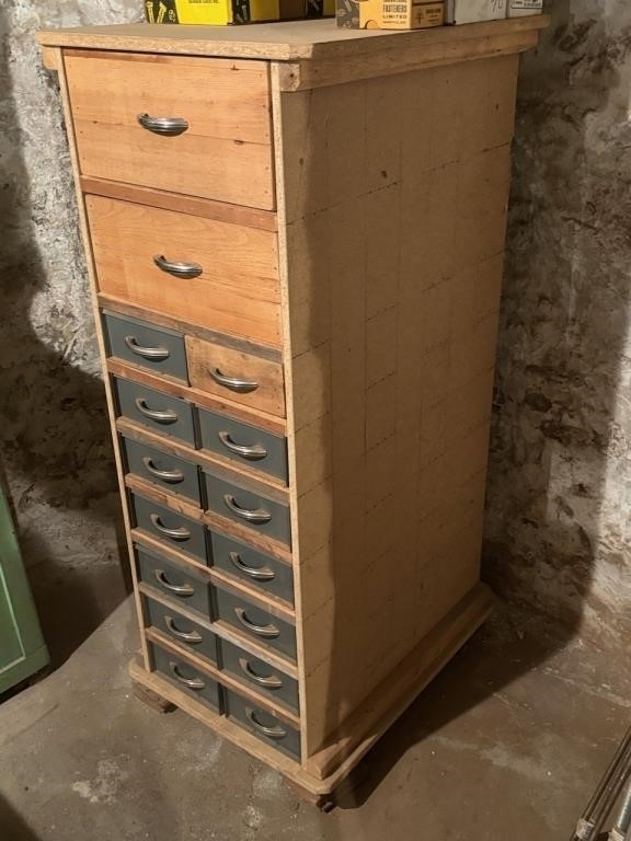 Upright Wooden Cabinet w/ Drawers and Contents