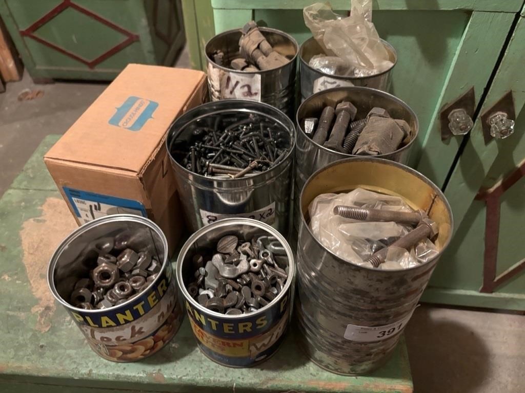 Collection of Large Bolts and Nuts in Tin Cans