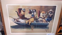 FRAMED PRINT, CATS FISHING, SIGNED "MOON"