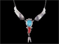 Navajo M. Chee Silver Turquoise & Coral Necklace