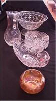 Five pieces of crystal: 12 1/2" footed bowl, an