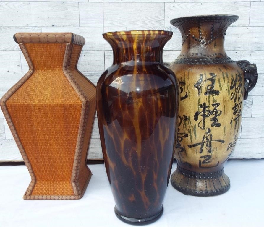 Brown vases-glass, pottery and wood/wicker.