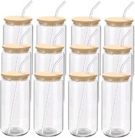 12 Pack Beer Glass Cups with Bamboo Lids and Glass
