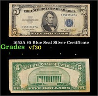 1953A $5 Blue Seal Silver Certificate Grades vf++