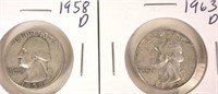 1958 D & 1963 D Washington Silver Quarters