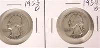 1953 D & 1954 D Washington Silver Quarters