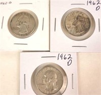 3 - 1962 D Washington Silver Quarters