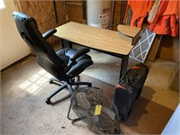 Desk, Chairs, Bags, Fan, Bookshelf & Table