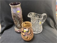 2 Art Glass Vases with Pattern Glass Pitcher