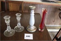 CRYSTAL CANDLE HOLDERS, CUT GLASS VASE & HAND