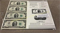Uncut Sheet of 4 Mint $2 US Currency SCARCE