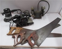 Craftsman 3" Belt sander, (3) Hand saws and bench