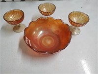 Marigold Carnival Glass Bowl & Cups