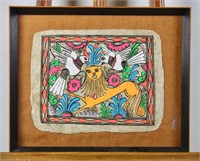 Vintage Amate Bark Painting Of Lion & Doves