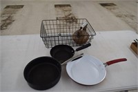 Wire Basket w/ Skillets & Tea Pot