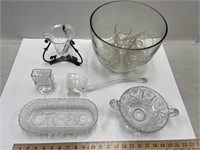 GLASS PUNCH BOWL, GLASS LADEL & CUPS & MISC GLASS