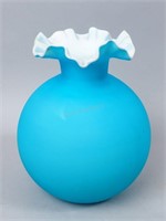 Blue Satin Glass Cased Ruffled Edge Vase