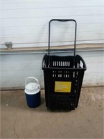 Black plastic pull cart on wheels measures 20.5"