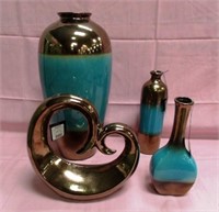 4 GREEN AND GOLD CERAMIC VASES