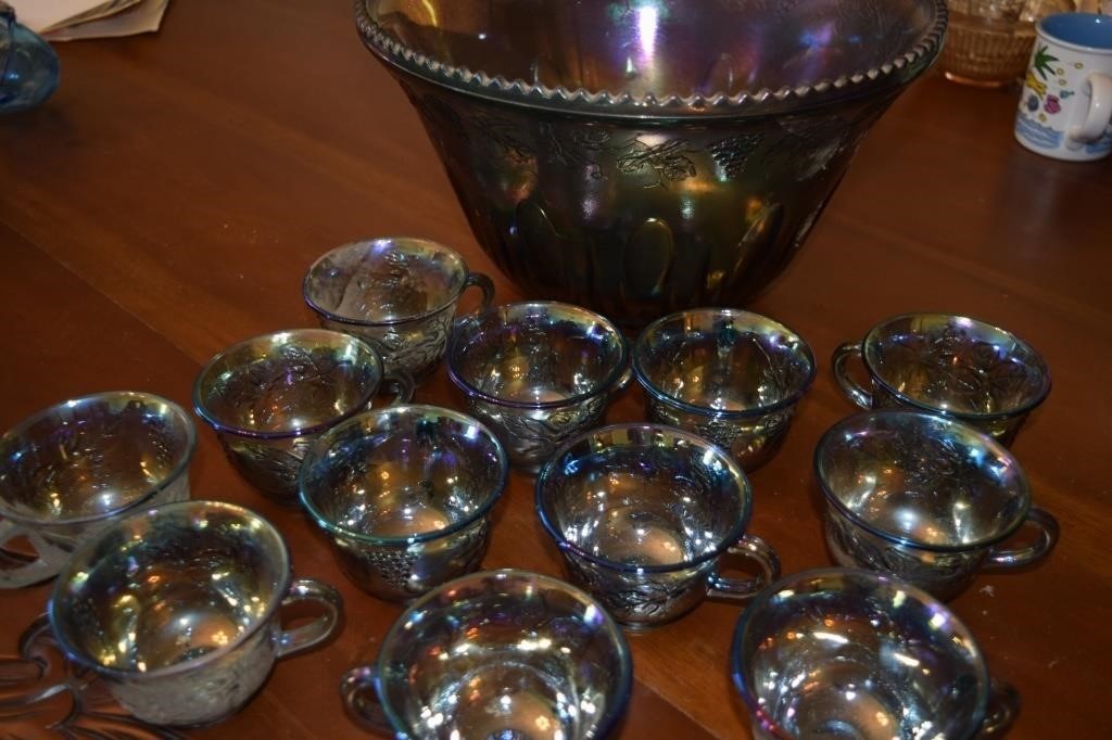 13 pcs Carnival Glass Punchbowl Set