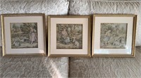 Three framed antique puppy tapestry squares