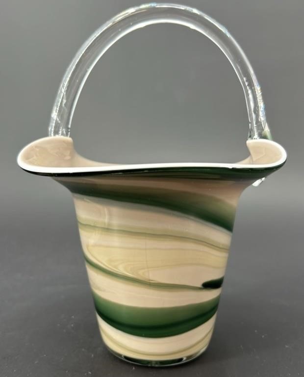 Beautiful Art Glass Tan Green Swirl Basket -