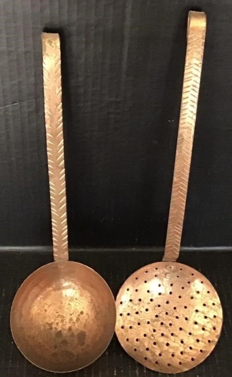 2 LONG HANDLED COPPER LADLE AND SPOON