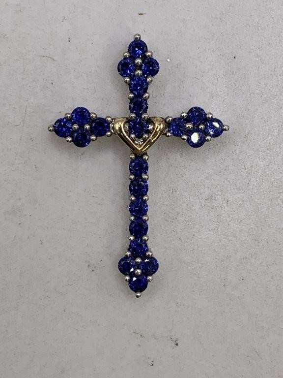 10K GOLD/STERLING SILVER & SAPPHIRE CROSS PENDANT