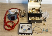 Jewelry Box With Assorted Jewelry & Crystal Ring