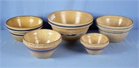 Group of Five Stoneware Bowls with Blue Bands
