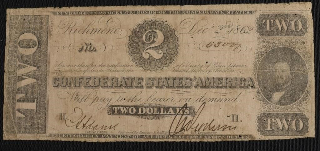 1862 TWO DOLLAR CONFEDERATE NOTE VF