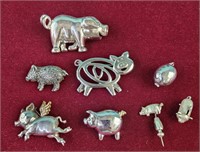 Silvertone pig pins and  pendants