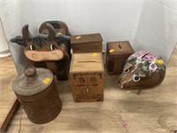 Wooden coin banks and decor items