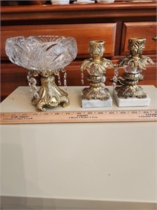 Brass & glass candle holders & compote