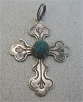 Vintage SS & Turquoise Cross Pendant - Hallmarked