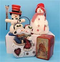 Snowman Lot Nutcracker Village Candle Holder Tin