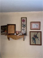 Contents of wall/wooden shelf/pictures &more