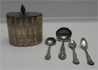 VINTAGE LOT OF SILVERPLATE COVERED BOX, SPOONS