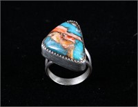 Navajo Turquoise, Coral, & Agate Sterling Ring