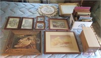 Large lot of framed pictures includes etched