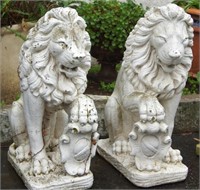 Pair of White Lion Concrete Statues with shield