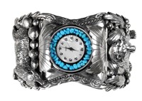 .925 Signed Native Am. Cuff Bracelet Watch