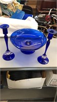 Blue Glass Compote and Candleholders