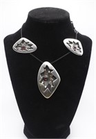 A 3pc Modernist Silver Pendant & Earrings w/red