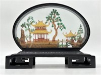 Vintage Chinese Carved Diorama Black Lacquer Frame