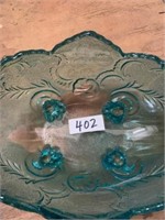 BLUE GLASS FOOTED SERVING BOWL