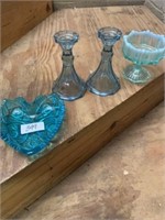 LOT OF BLUE GLASS WITH HEART NAPPIE, PAIR